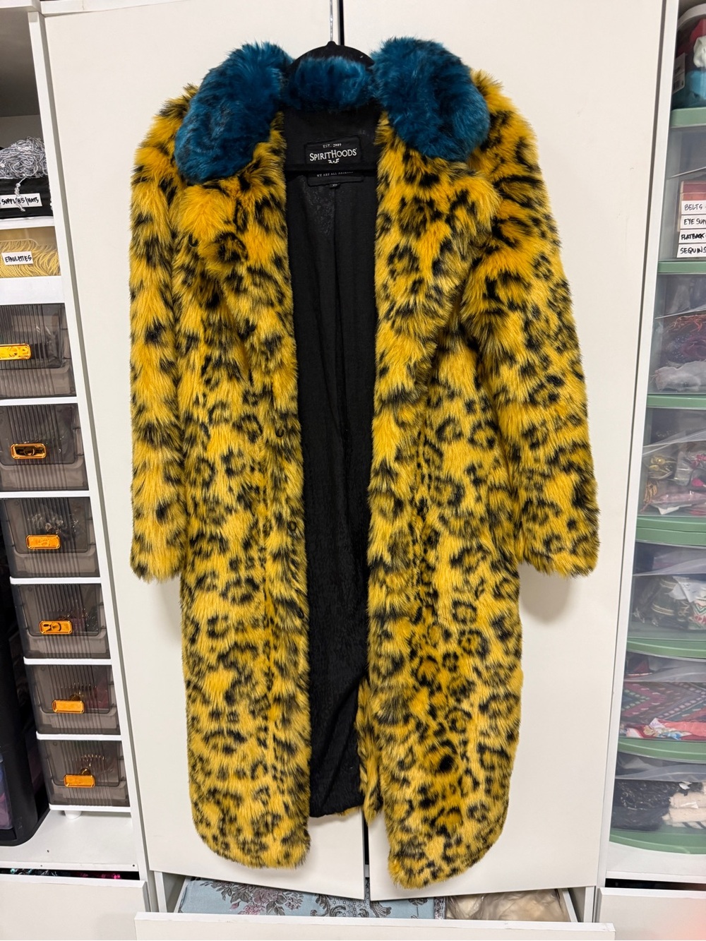 Leopard Print Faux Fur yellow cheetah Coat with Blue Collar midi duster length - Picture 1 of 5